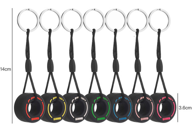 Formule 1 sleutelhanger set van 7 | Geel | Wit | Rood | Groen | Blauw | Roze | Paars | Pirelli | F1